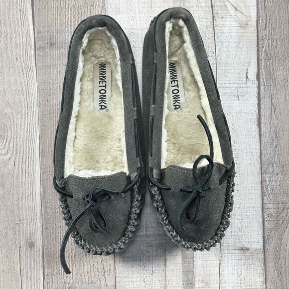 Minnetonka Women's Cally Slipper Moccasins Suede Lined Fur Slip On Gray Size 7 - Picture 5 of 12